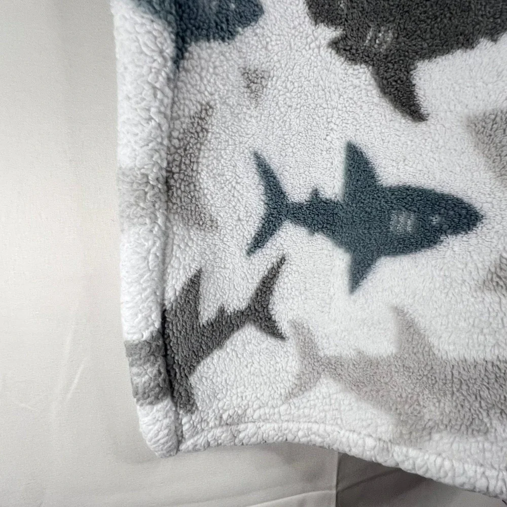THRO Shark Baby Blanket 28x40 Loft Fleece Nursery Decor Gray White Monochrome